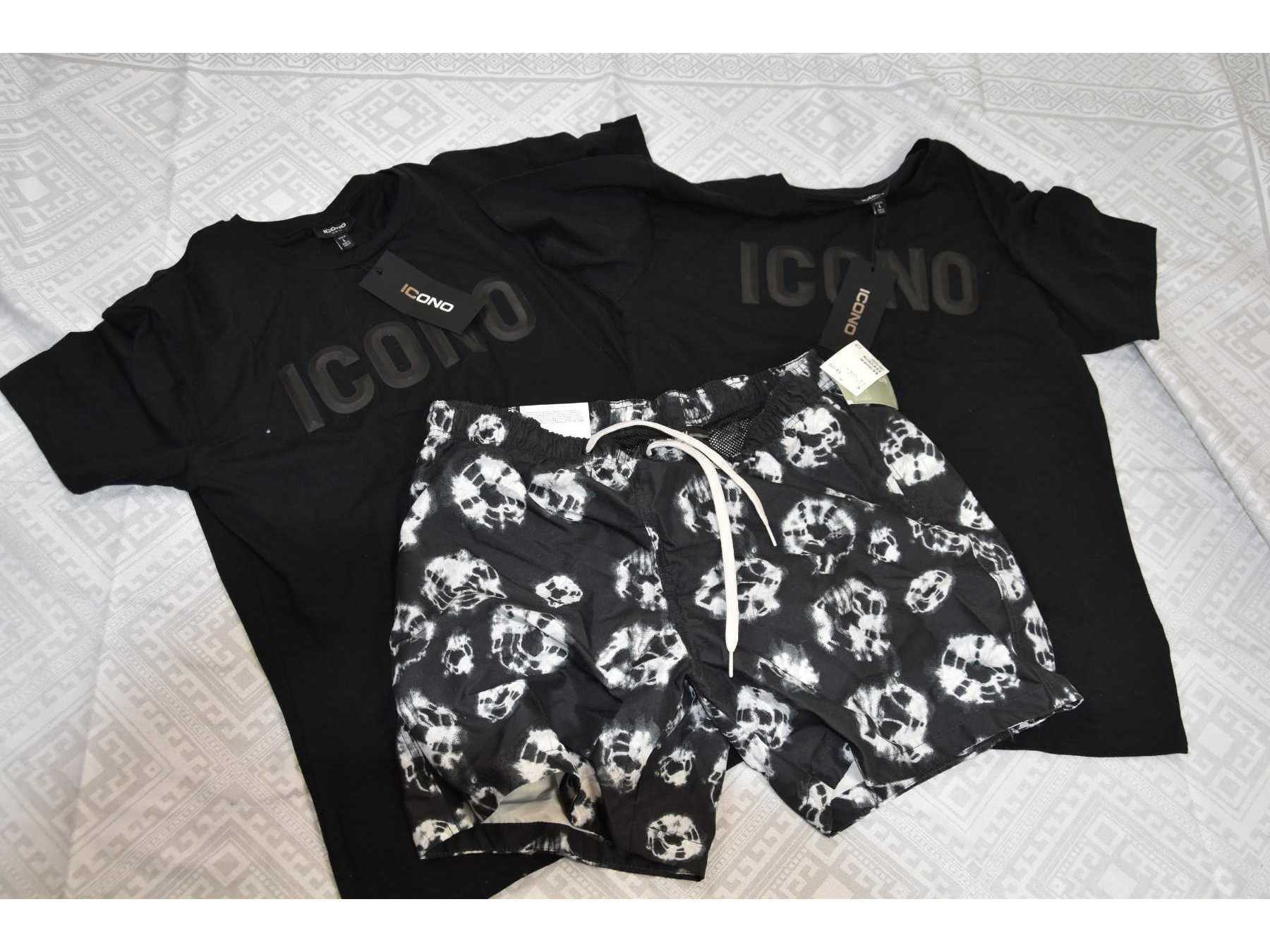 2 schwarze T-Shirt „Icono“ &   	
1 schwarzer Badeshort "H&M"